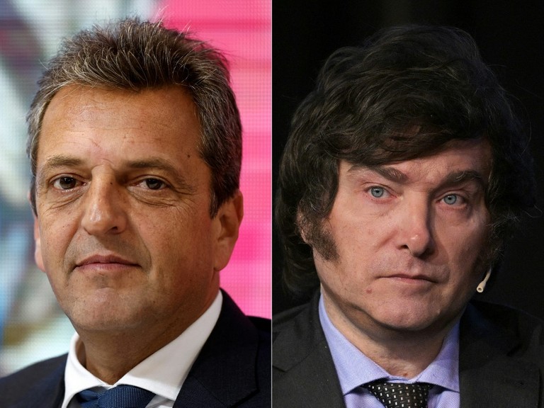 Massa (à esquerda) e Milei (à direita) se enfrentarão nas urnas em 19 de novembro Massa (à esquerda) e Milei (à direita) se enfrentarão nas urnas em 19 de novembro