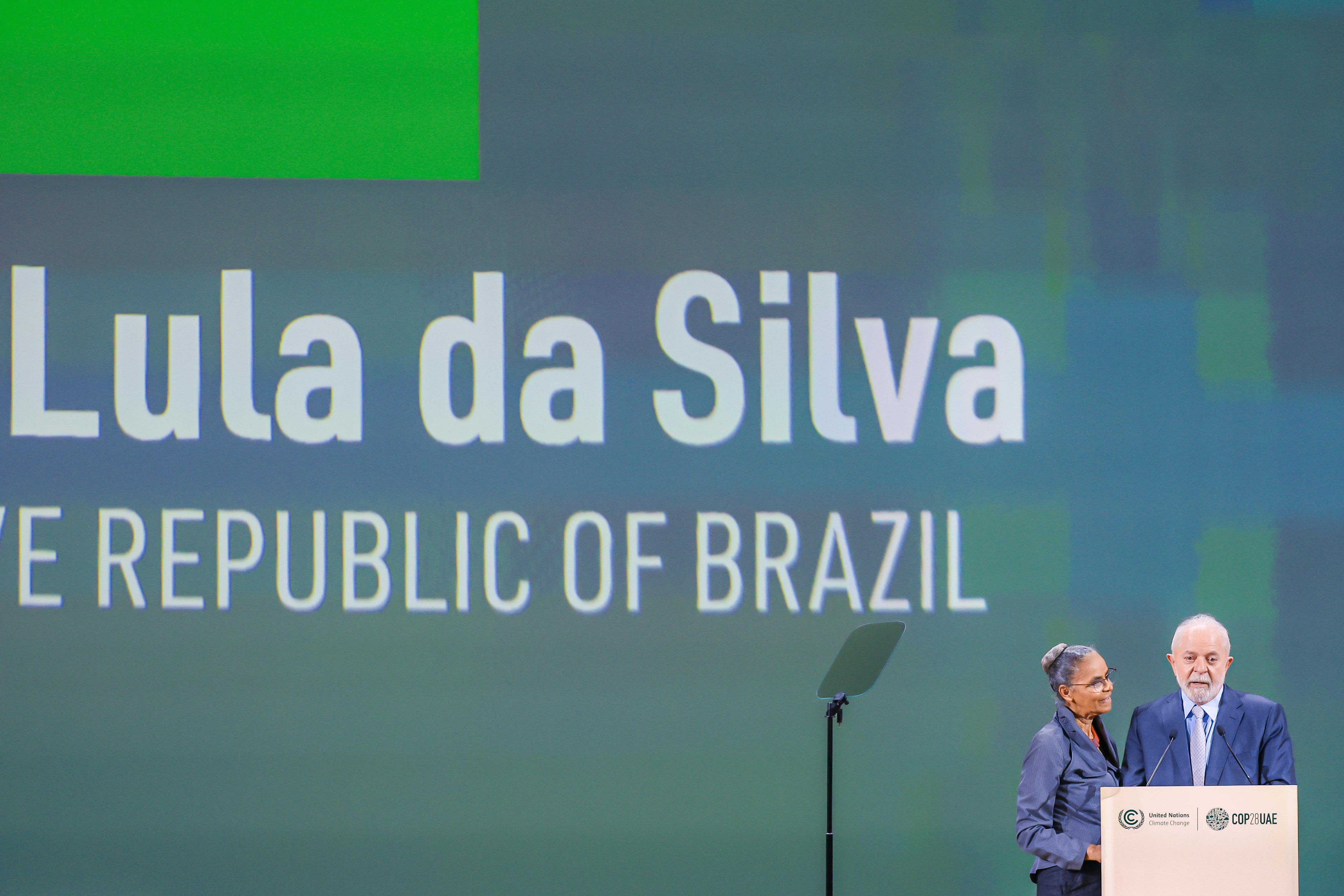 Ministra do Meio Ambiente, Marina Silva, e o presidente Luiz In&aacute;cio Lula da Silva na COP28