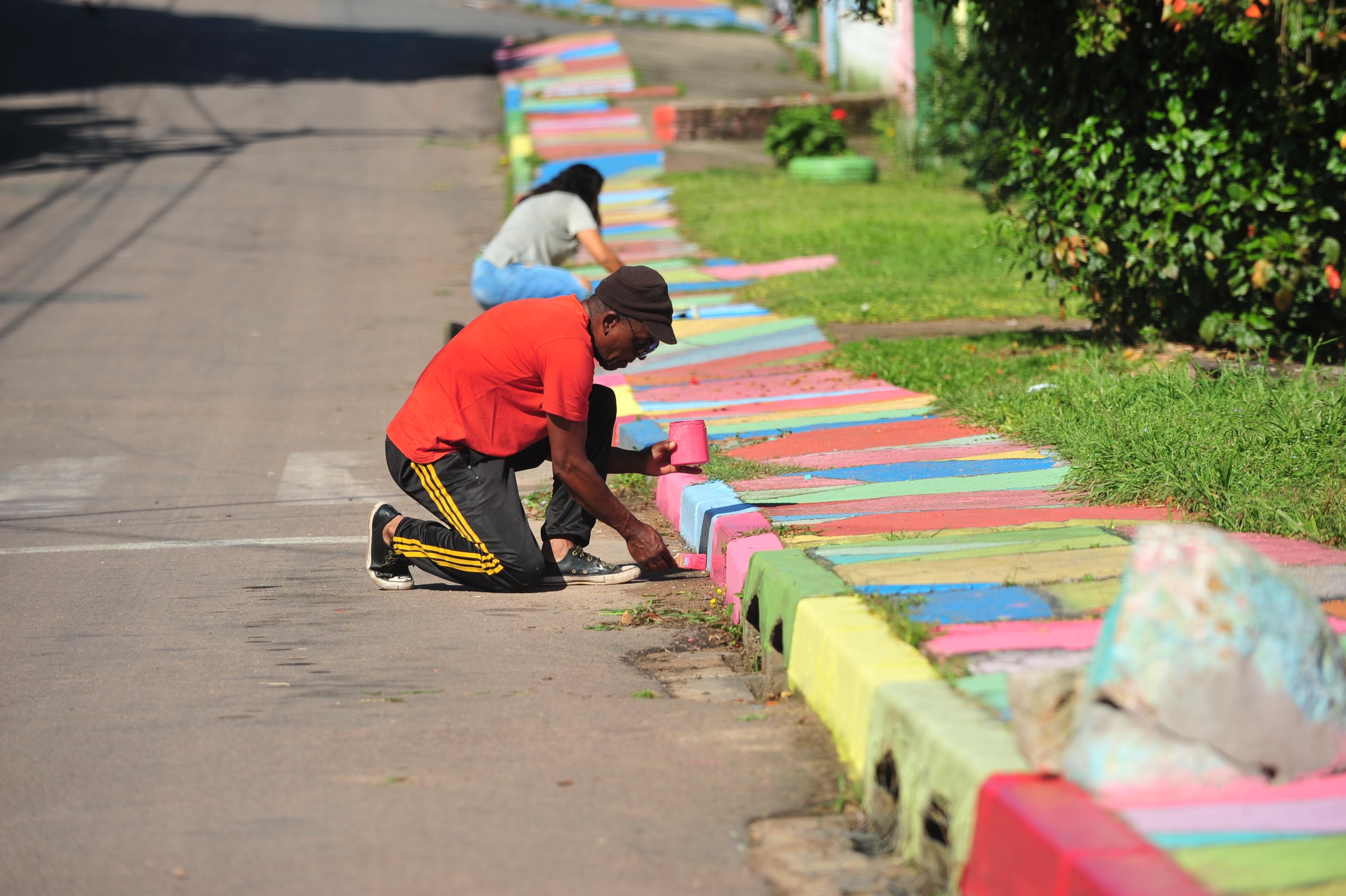 Volunt&aacute;rios Jenifer Oliveira e Jos&eacute; Carlos Gomes Ferreira (neto da V&oacute; Chica) na rua Luiz Sibemberg.